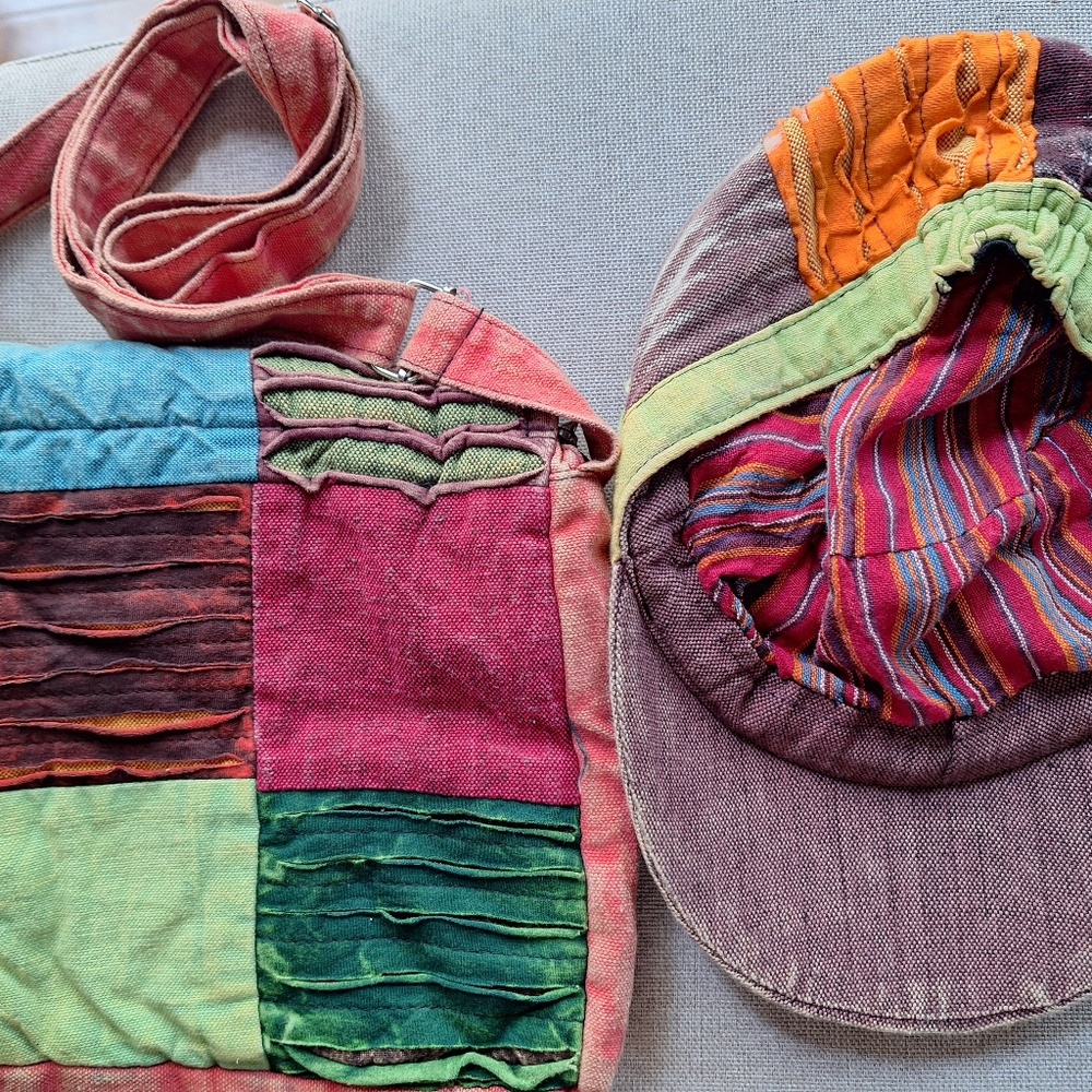 NEW Women Distressed Peace Sign Multi-color Hat and Roomy Matching Crossbody Bag
